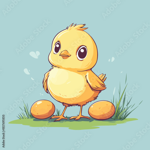 cartoon bird standing grass eggs visual development inspiring farm homestead kind appearance tv chicken nuggets end , vector style simple color