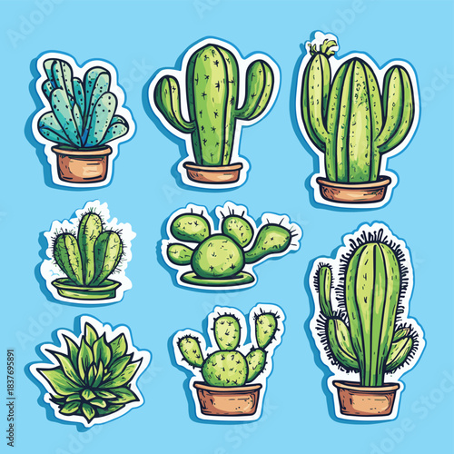cactus lot spiky needles sticker background soft blue color pencil drawing fructose magazine wild west setting inca , vector style simple color
