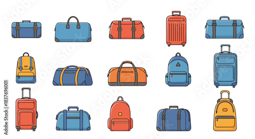 Colorful collection of various travel bags including suitcases backpacks and duffel bags for vacation and journey-themed designs.