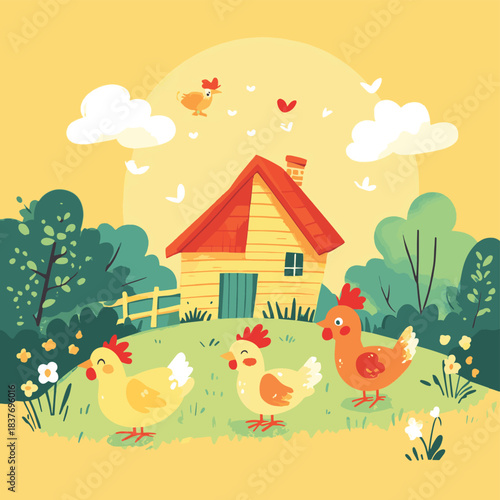 chickens standing field next barn environmental key head egg second calf illustration children store optimism soft yellow background , vector style simple color
