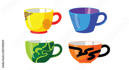 Collection of four brightly colored ceramic mugs for coffee or tea each with a unique modern abstract pattern and design.