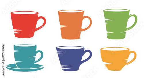 Set of six colorful coffee mugs and teacups in red orange green blue and yellow with a modern distressed brush stroke texture.