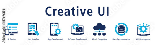 Banner representing UI creation from interface layout to app dev, software, cloud tools and API.