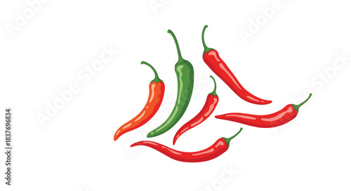 Assortment of fresh red and green chili peppers is illustrated in a simple flat style with copy space for spicy food concepts.