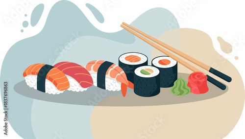 A beautifully illustrated flat vector design showcasing a traditional selection of Japanese sushi, including salmon and tuna nigiri, maki rolls, served alongside wasabi, pickled ginger, and wooden cho