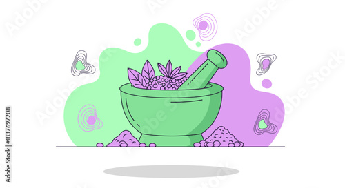Flat vector illustration depicting a mortar and pestle preparing herbal medicine or natural ingredients. This bright, modern design conveys concepts of organic wellness, holistic health, aromatherapy,