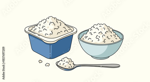 Fresh cottage cheese is shown in a plastic container a bowl and on a spoon in this detailed hand-drawn food illustration.