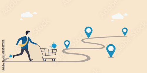 A businessman pushes a shopping cart along a winding path with location markers