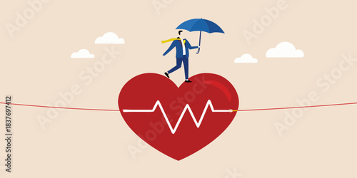 A businessman carefully balances on a heart shaped line with an umbrella
