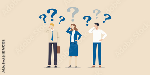 People pondering with question marks above their heads seeking answers