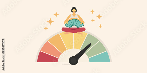 Woman meditating above a colorful gauge with a needle pointing to the center