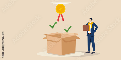 Man receiving a golden medal hanging from a red ribbon above an open box