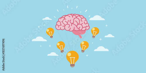 A brain generating ideas depicted with lightbulbs and floating clouds