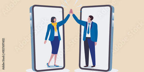 Successful remote collaboration a high five between two professionals on smartphones