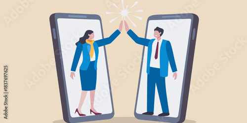 Successful virtual connection a man and woman high fiving through smartphones