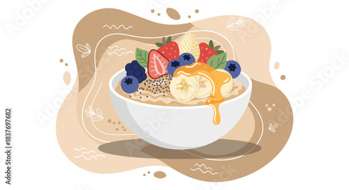 A visually appealing vector illustration depicting a healthy breakfast concept. A white bowl holds nutritious oatmeal topped generously with fresh blueberries, strawberries, banana slices, and a drizz