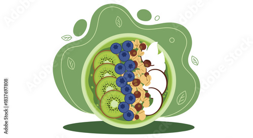 Modern flat vector illustration of a vibrant and nutritious superfood breakfast bowl. The dish contains sliced kiwi, fresh blueberries, crunchy granola, and coconut flakes, set against a stylish organ