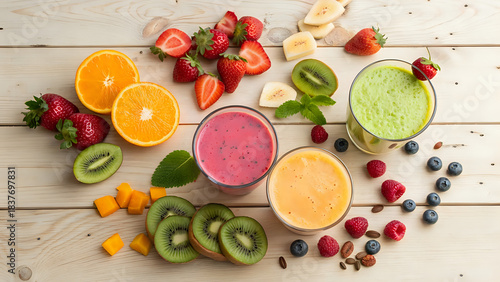 Fototapeta Naklejka Na Ścianę i Meble -  Top-down view of colorful fruits and smoothies on a wooden table, healthy and vibrant flat-lay food 