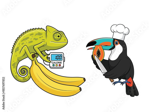 A chameleon holding bananas with a calorie counter and a toucan wearing a chef's hat slicing a papaya with a knife.