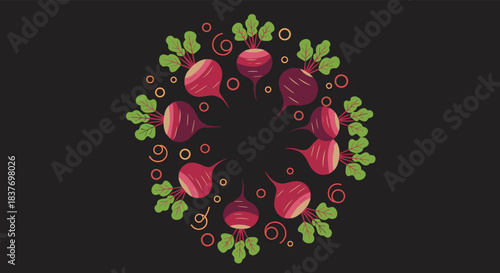 Circular frame or wreath made of fresh beetroots with green leaves and abstract swirl elements on a dark background for menus.