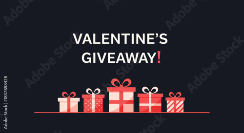A Valentine's Day giveaway banner with festive red and white gift boxes lined up against a dark background for holiday promotion.