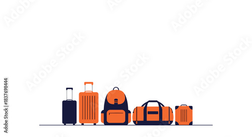 A set of orange and dark blue travel luggage including suitcases a backpack and a duffel bag is lined up for a vacation.