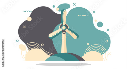 RModern flat design illustration of a wind turbine generating clean, renewable energy. This graphic resource features stylish abstract background shapes in complementary colors, perfect for depicting 
