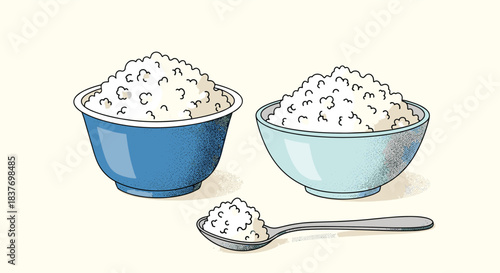 Fresh cottage cheese is shown in two different colored bowls and on a spoon in a detailed vintage-style dot work illustration.