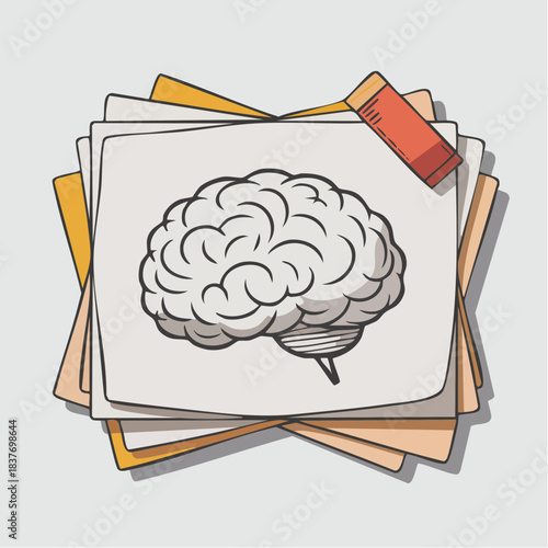 Handdrawn illustration of a human brain on a stack of papers.