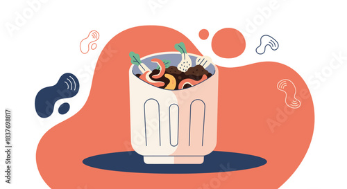 Modern flat vector illustration depicting a waste bin used for organic composting or vermicomposting. This eco-friendly concept represents sustainability, recycling, and responsible waste management. 