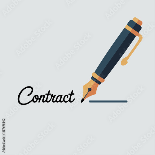 Fountain pen writing the word contract on paper.