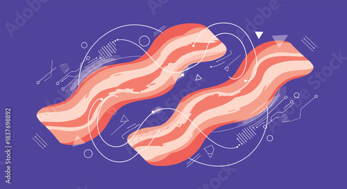 Two strips of fried bacon are featured in a modern abstract illustration with geometric and technological elements on a purple background.