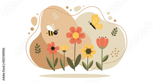 A beautiful, simple flat design illustration depicting a tranquil spring garden scene with blooming flowers, a busy bee collecting pollen, and a flying yellow butterfly. This minimalist graphic evokes