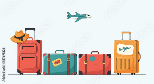 A collection of colorful travel suitcases with stickers and a hat is lined up under a flying airplane for a vacation concept.