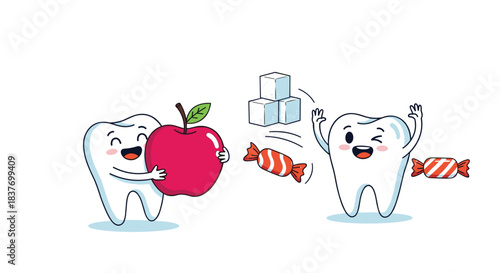 Cute cartoon teeth characters demonstrate a healthy choice by picking a red apple over sugary candies and sugar cubes for good dental health.