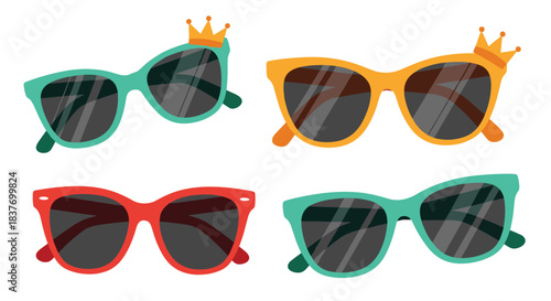 Set of four colorful and stylish sunglasses with a cute hand-drawn texture including pairs with small crowns on a white background.