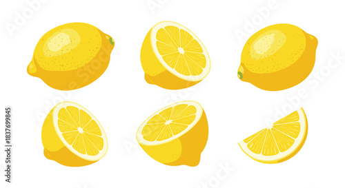 Set of vibrant yellow lemons and lemon slices in various positions including whole fruit and halves isolated on a clean white background.
