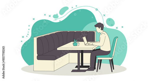 Modern vector illustration depicting a young professional or freelancer working remotely on a laptop computer while sitting comfortably in a cafe booth. This graphic is ideal for designs related to di