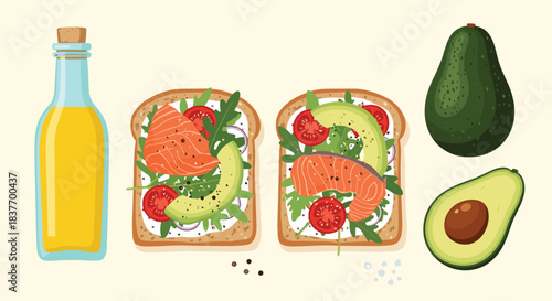 Healthy breakfast or lunch scene with avocado toast salmon a bottle of oil and fresh avocado halves on a light yellow background.