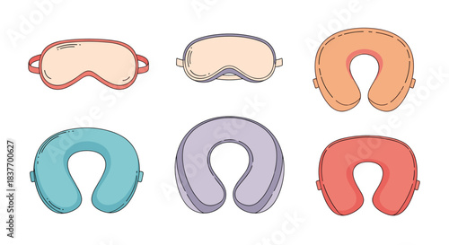 Collection of colorful travel neck pillows and sleep masks for comfort during flights or trips isolated on a white background.