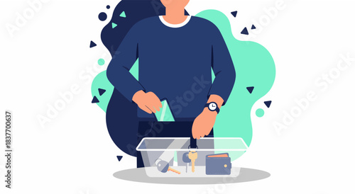 Flat design vector illustration depicting an adult man organizing or retrieving his personal belongings, such as a wallet, keys, and accessories, from a clear plastic storage container. This contempor