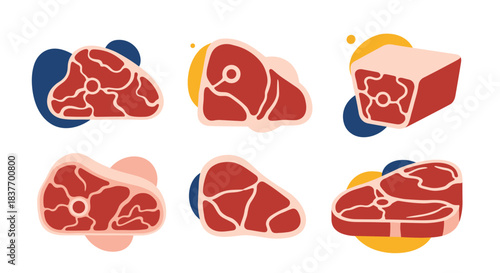 Set of six different raw meat cuts including steak and chops illustrated in a modern flat style with abstract background shapes.