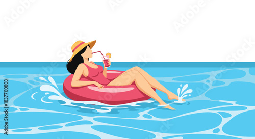 Relaxing woman in a red swimsuit and sun hat floating on an inflatable ring in a swimming pool while drinking a summer cocktail.