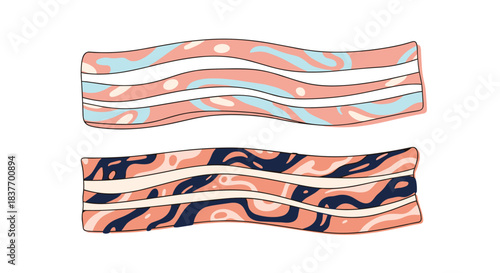 Two strips of fried bacon illustrated in a creative and artistic abstract style with unconventional colorful patterns on each slice.