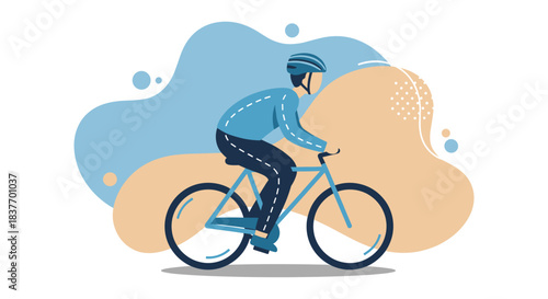 Modern flat vector illustration showing a person riding a bicycle outdoors. This clean graphic represents concepts of healthy lifestyle, fitness, sustainable urban mobility, commuting, and active move