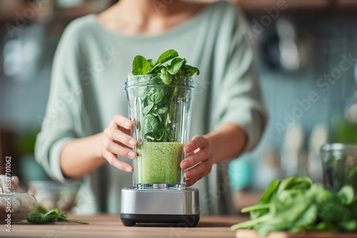 Person prepares a green smoothie with spinach using a blender in a kitchen setting during daylight hours