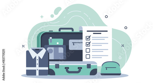 Modern flat vector illustration depicting an open suitcase with neatly packed clothes and a completed travel checklist. This concept represents efficient planning, vacation preparation, business trip 