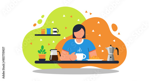 Vibrant flat vector illustration depicting a young woman sitting at a counter, enjoying a freshly brewed cup of hot coffee during her morning routine. Surrounded by stylish coffee-making tools like a 