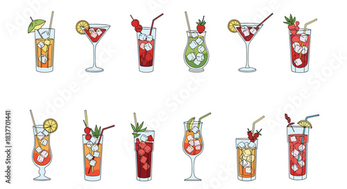 Large collection of twelve colorful summer cocktails and mocktails in various glasses with garnishes on a white background.
