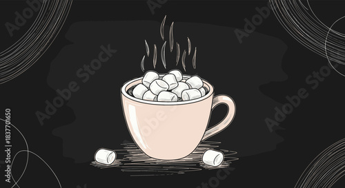 Hand-drawn sketch of a steaming mug of hot chocolate topped with marshmallows on a dark chalkboard style background for a cozy feel.